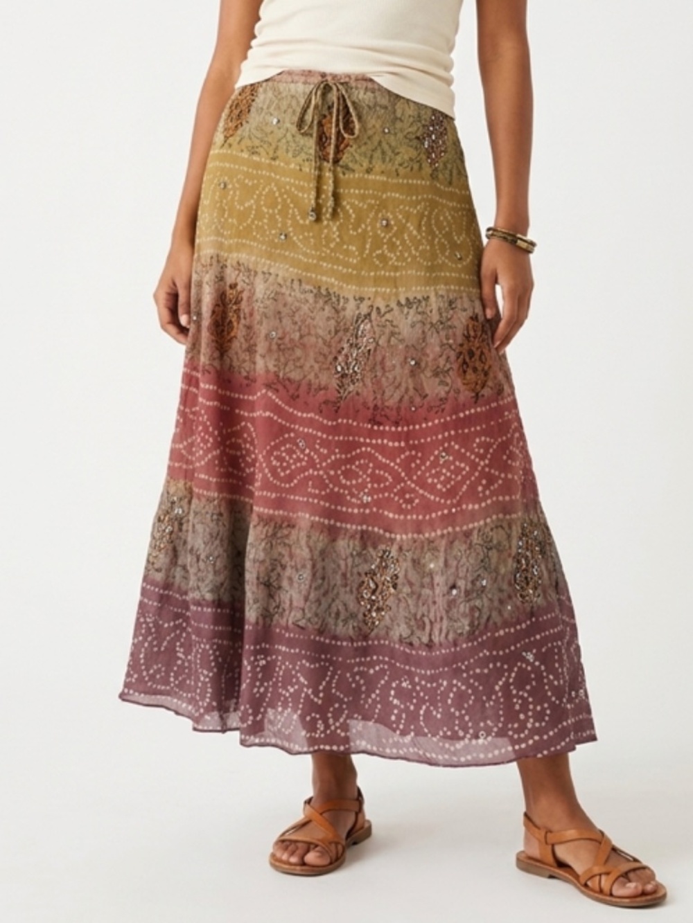 Boho Silk Tiered Midi Skirt Bandhani Sequined Earth Tone Gypsy Whimsigoth (M)